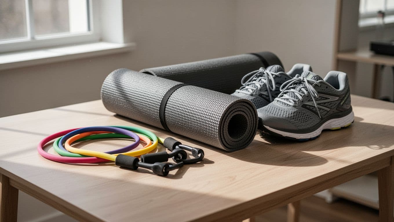 A clean table displays a yoga mat, resistance bands, and running shoes under soft natural light.