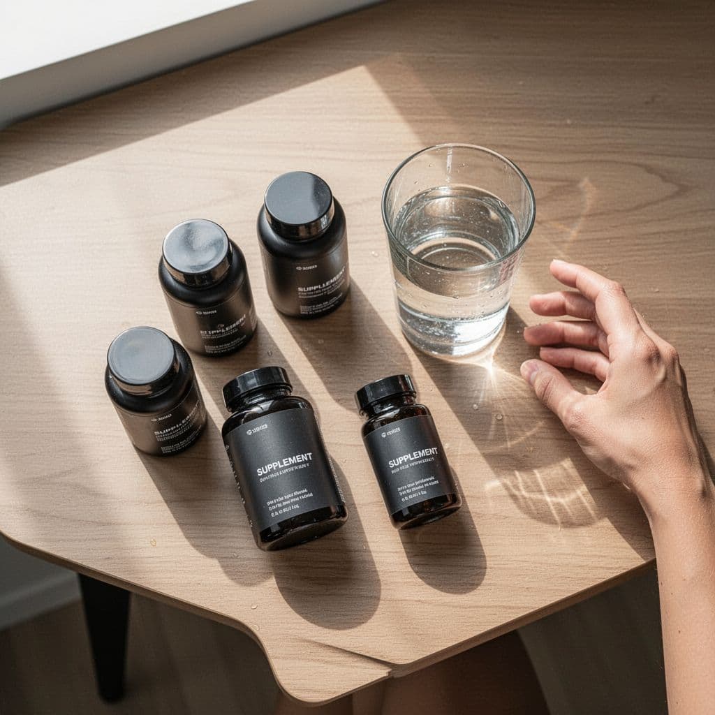 Several supplement bottles and a glass of water arranged neatly on a wooden desk.