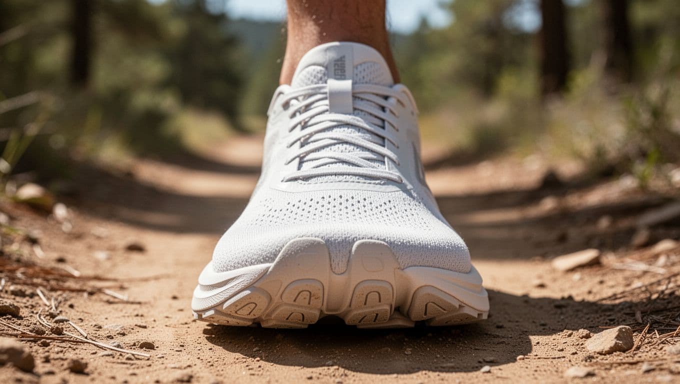 A close-up view showcases the wide, anatomically shaped forefoot of a minimalist athletic shoe resting on a dirt path. The design encourages natural toe splay through its rounded and spacious build.