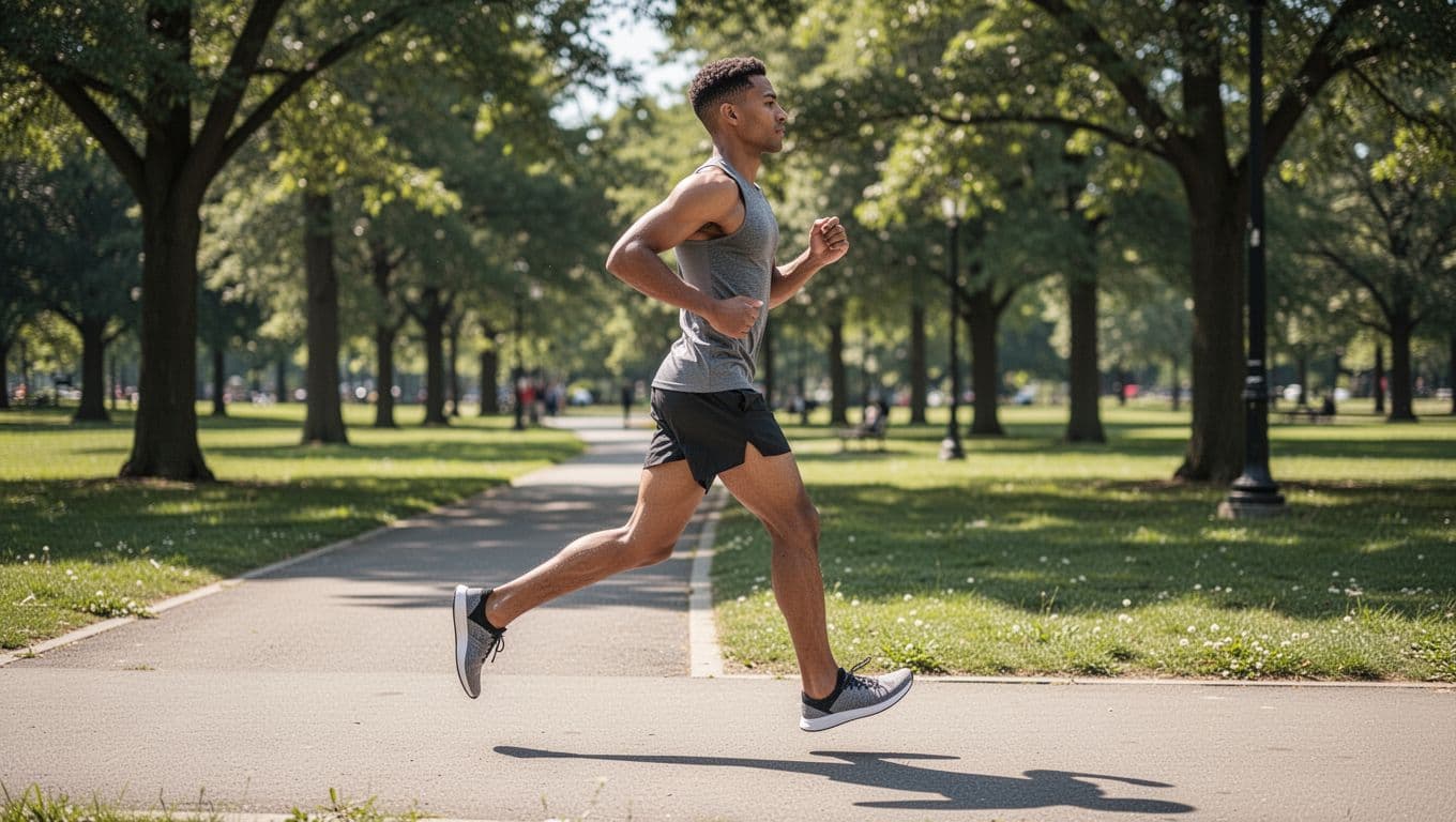 A fit athlete wearing thin-soled minimalist shoes jogs along a clean, paved park trail during bright daylight. The side profile view highlights the natural, efficient gait of an experienced pavement runner.