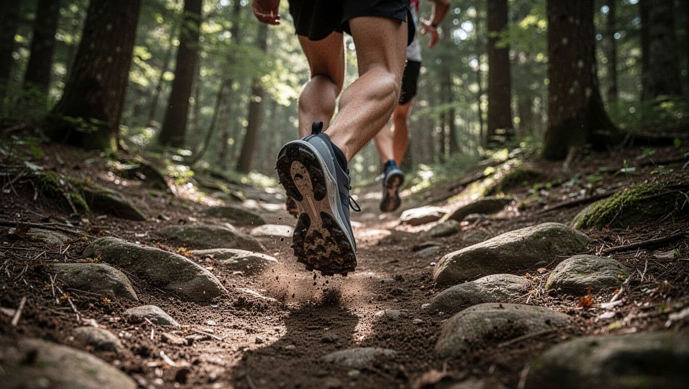 A close-up ground level view captures a runner wearing thin-soled trail shoes navigating jagged forest rocks. The composition emphasizes the precise contact between the textured outsole and the uneven, natural terrain.