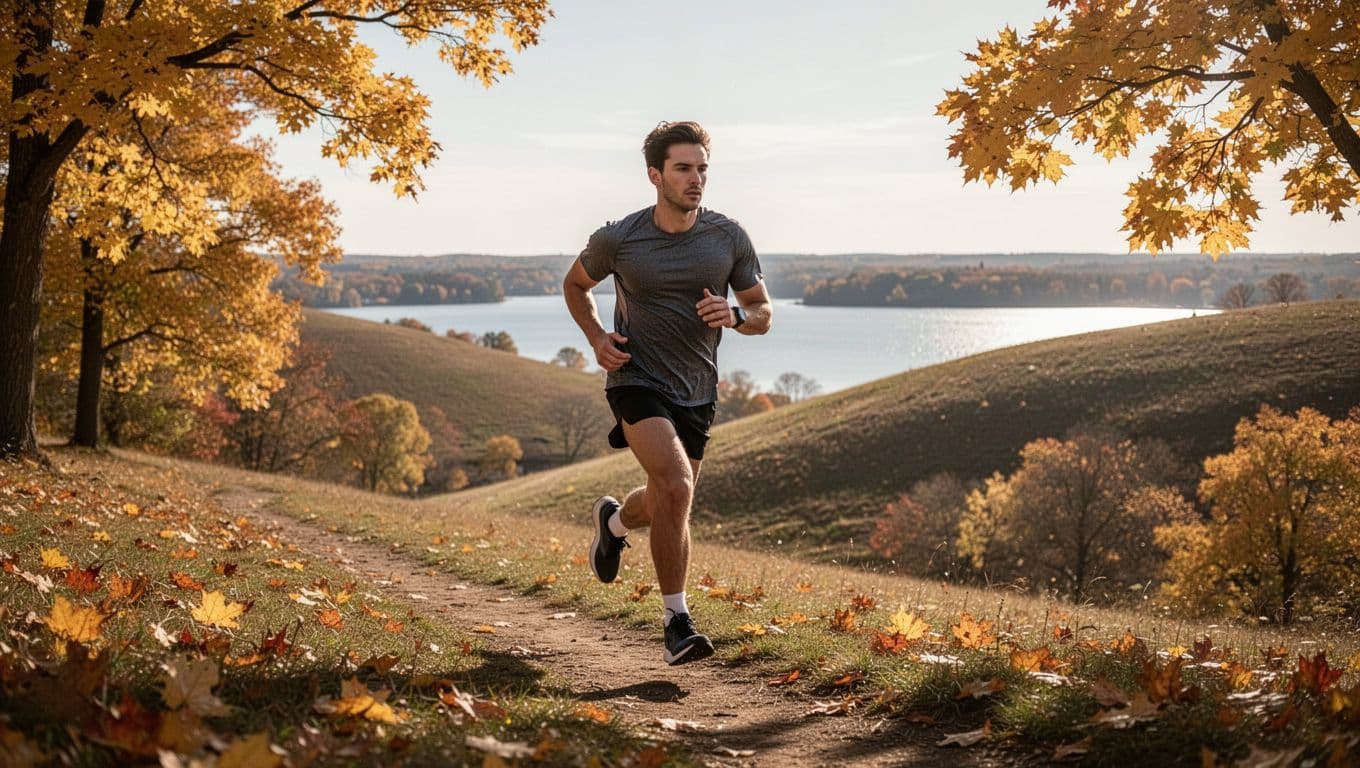 A solo runner maintains an even pace on a rolling hill section of a Minnesota half marathon course on a crisp fall morning, with golden trees and lake glimpses in the background. The image captures a focused expression and dynamic forward motion in realistic action photography style.