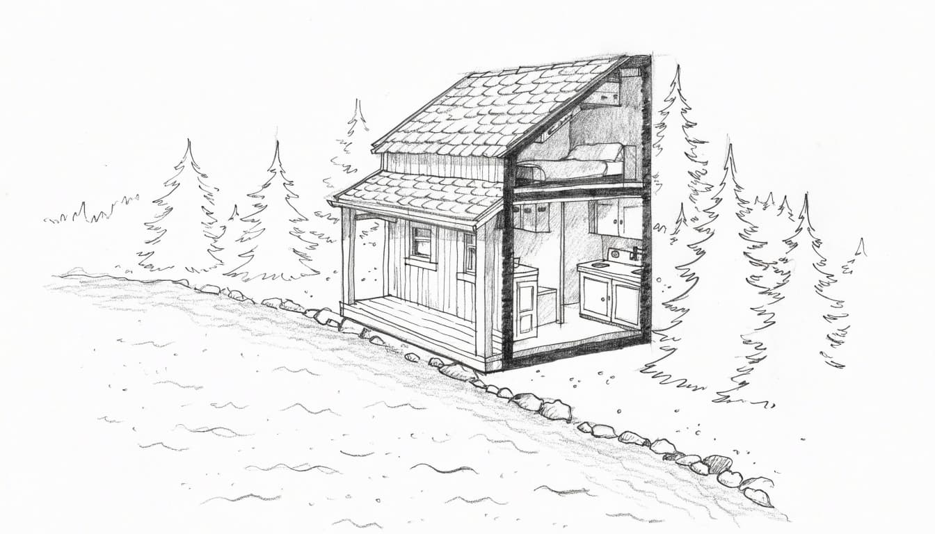A graphite sketch of a tiny home cutaway by a lake and pine trees.