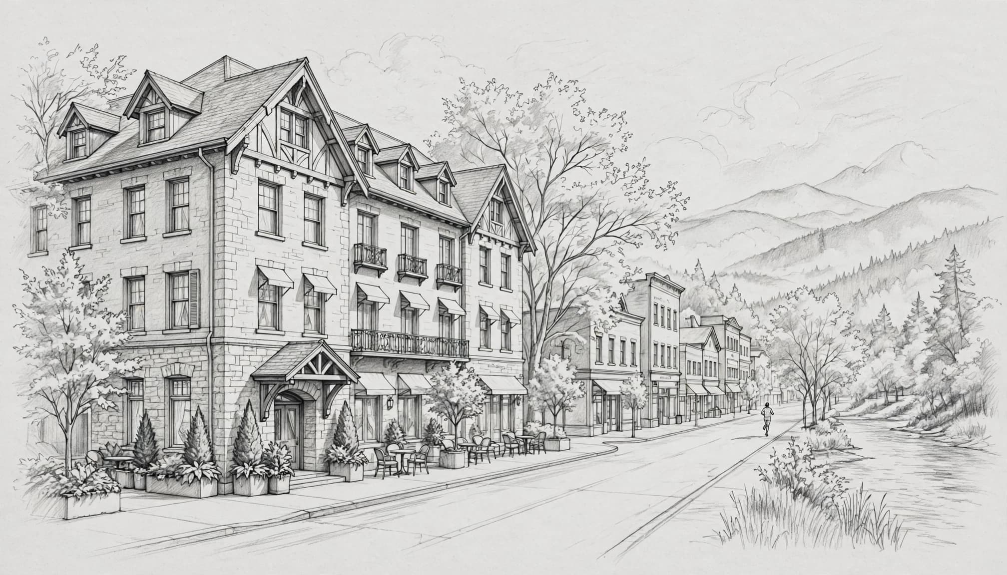 A boutique hotel beside downtown streets, trees, mountains, and one distant runner.