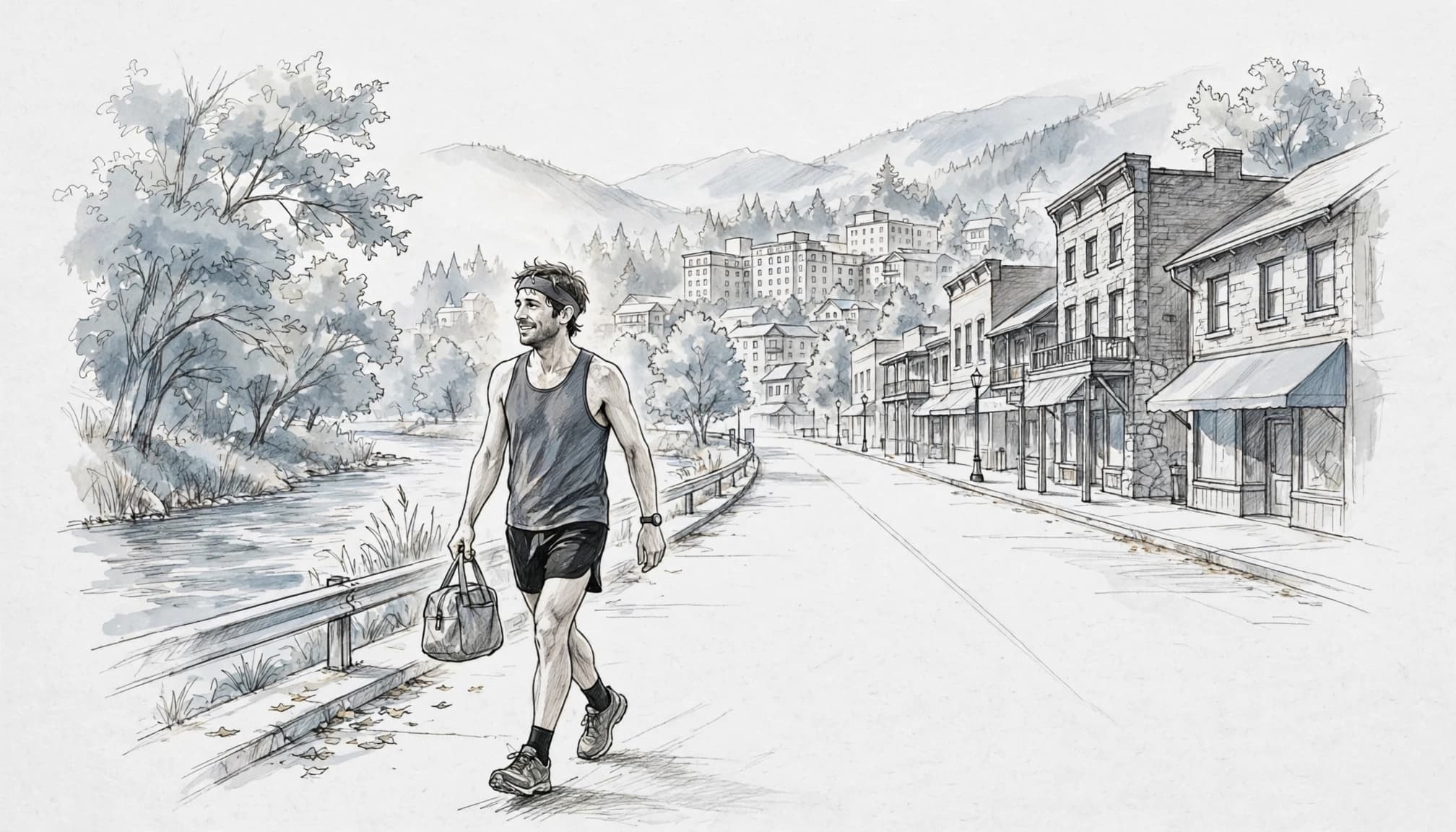 A tired marathon runner walks toward downtown hotels with a small recovery bag.