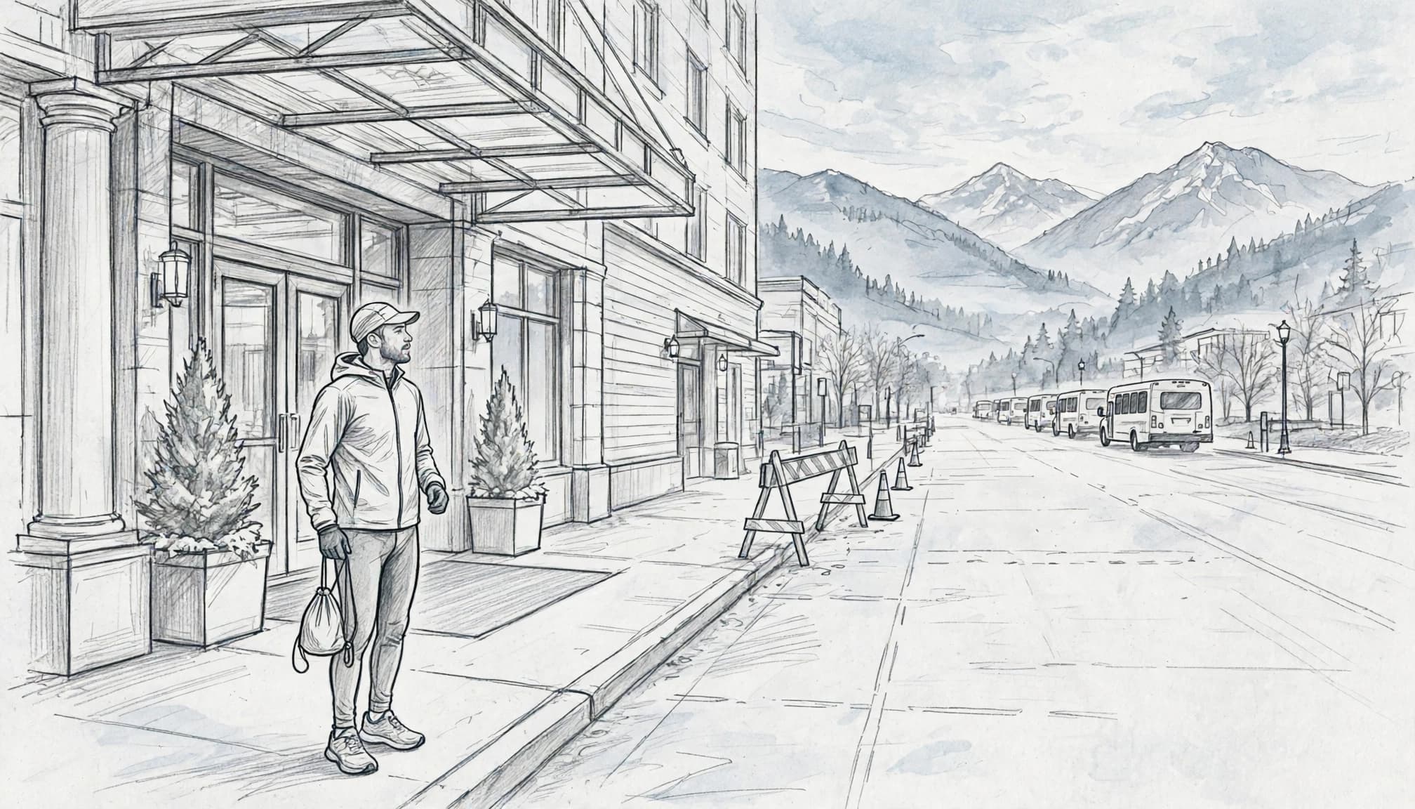 A marathon runner outside a hotel, looking toward shuttle buses and distant mountains.