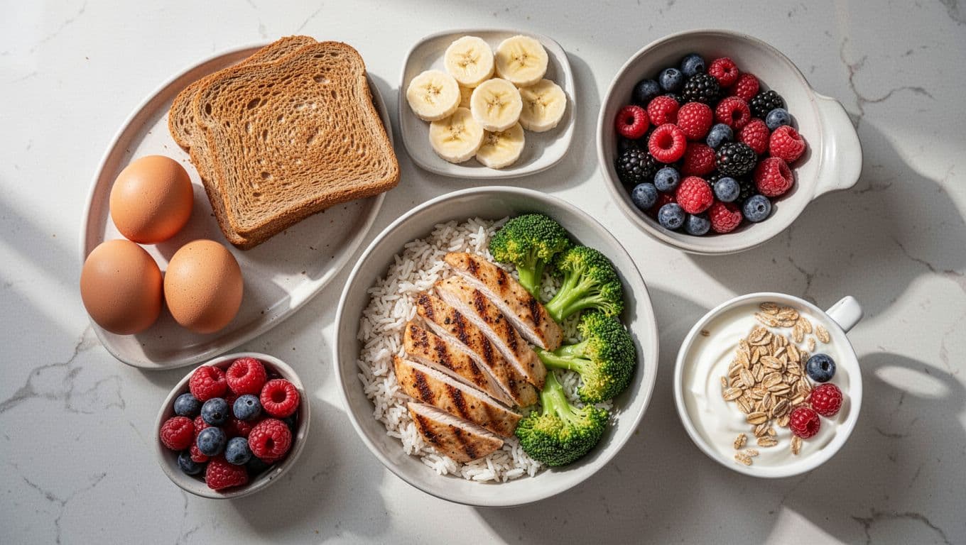Bright kitchen table top view of simple mix-and-match meal components: fresh eggs with whole grain toast and colorful fruits like banana and berries; grilled chicken rice bowl with steamed broccoli; yogurt topped with oats and berries. Clean photorealistic food photography in natural daylight, high detail on textures.