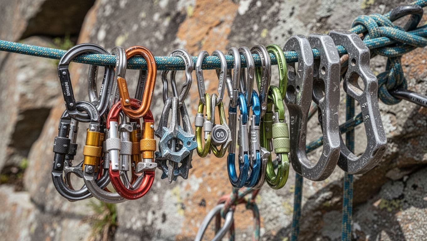 Close-up of a full set of five DMM Peenuts micro nuts sizes 1-5 on one carabiner, with small cams, symmetrical micro nuts, and larger offset nuts organized by type on a sling in natural outdoor daylight with detailed textures.