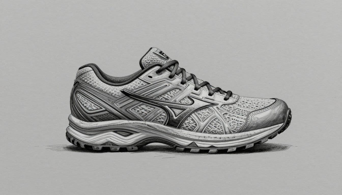 A graphite sketch of the Mizuno Wave Daichi 9 trail running shoe rests on a textured forest path. Detailed pencil shading highlights the rugged sole and intricate weave of the upper.