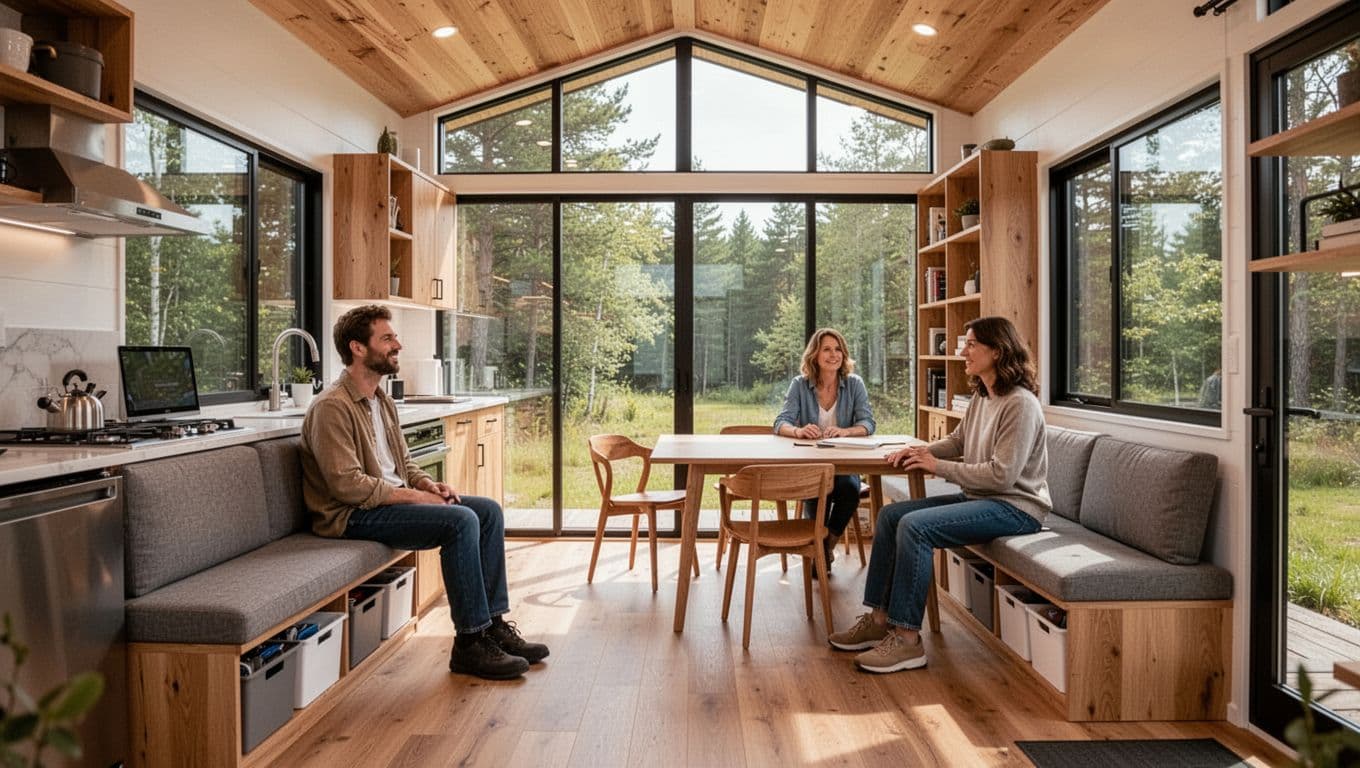 Seamless open-concept tiny home interior blending kitchen, living, and dining areas with large floor-to-ceiling windows, smart storage, multifunctional furniture, and warm wooden tones under abundant natural daylight. Two adults in relaxed natural poses with visible hands, realistic wide landscape photography.