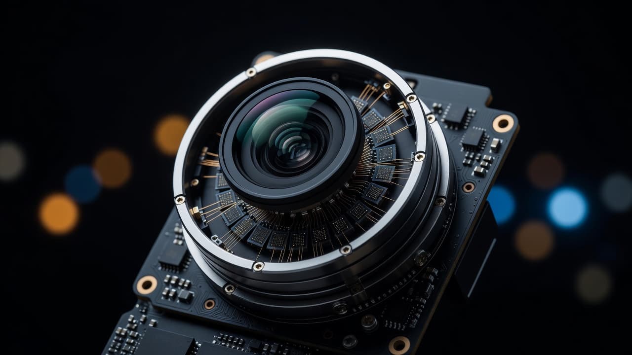 A detailed close-up of a camera lens with city lights blurred in the background.