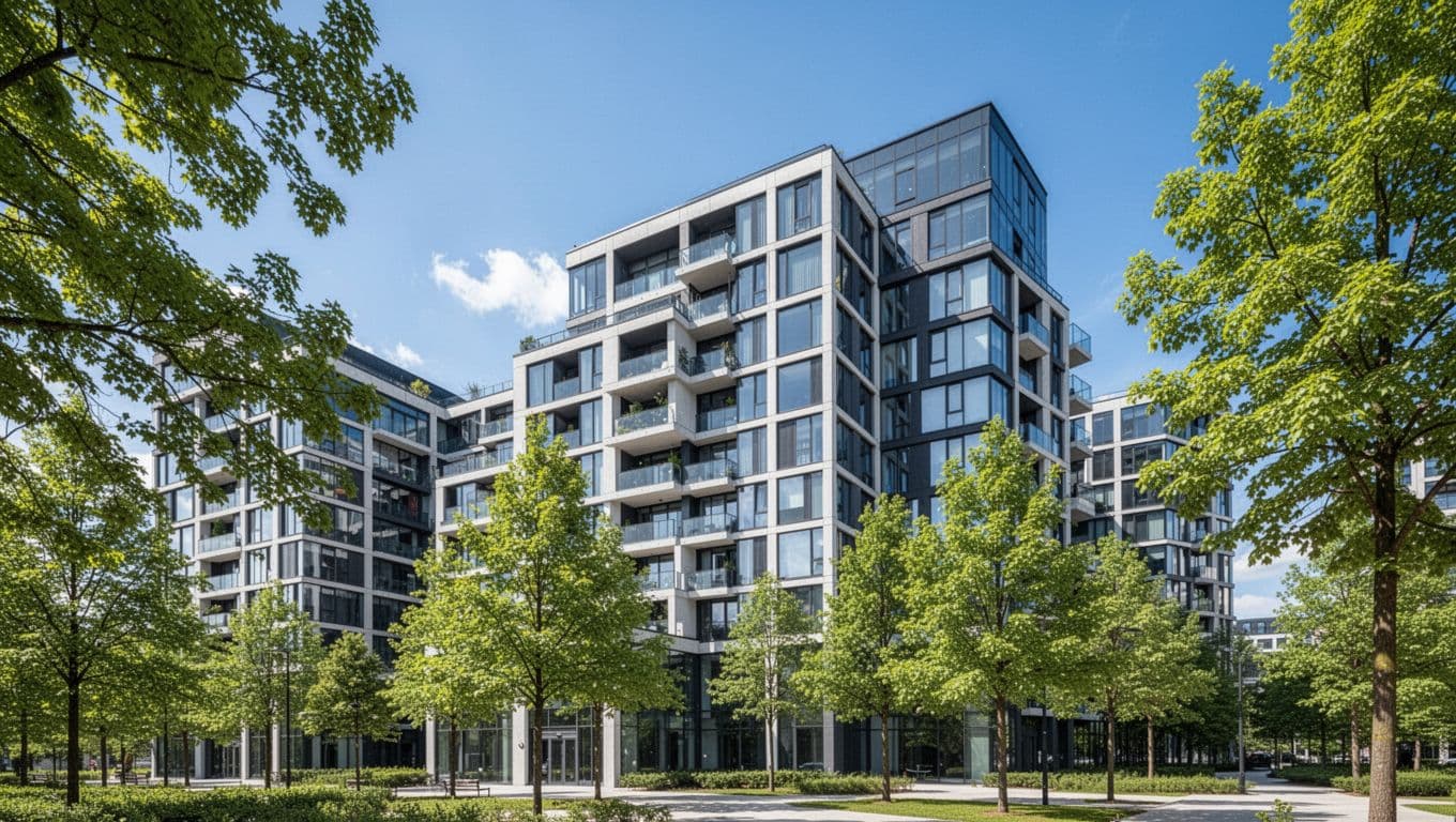 Realistic photo of a modern commercial real estate building resembling apartments or offices, featuring green trees in the foreground under a bright blue sky in daylight. Wide landscape view with no people, text, signs, logos, borders, or frames.