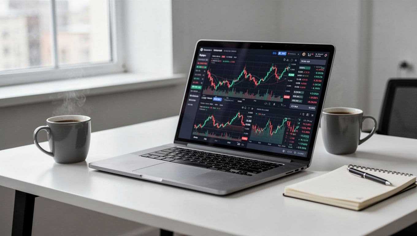 Clean modern desk with an open laptop displaying a cryptocurrency exchange dashboard viewed from a side angle, featuring colorful price charts and graphs, alongside a coffee mug and notebook under natural window light.