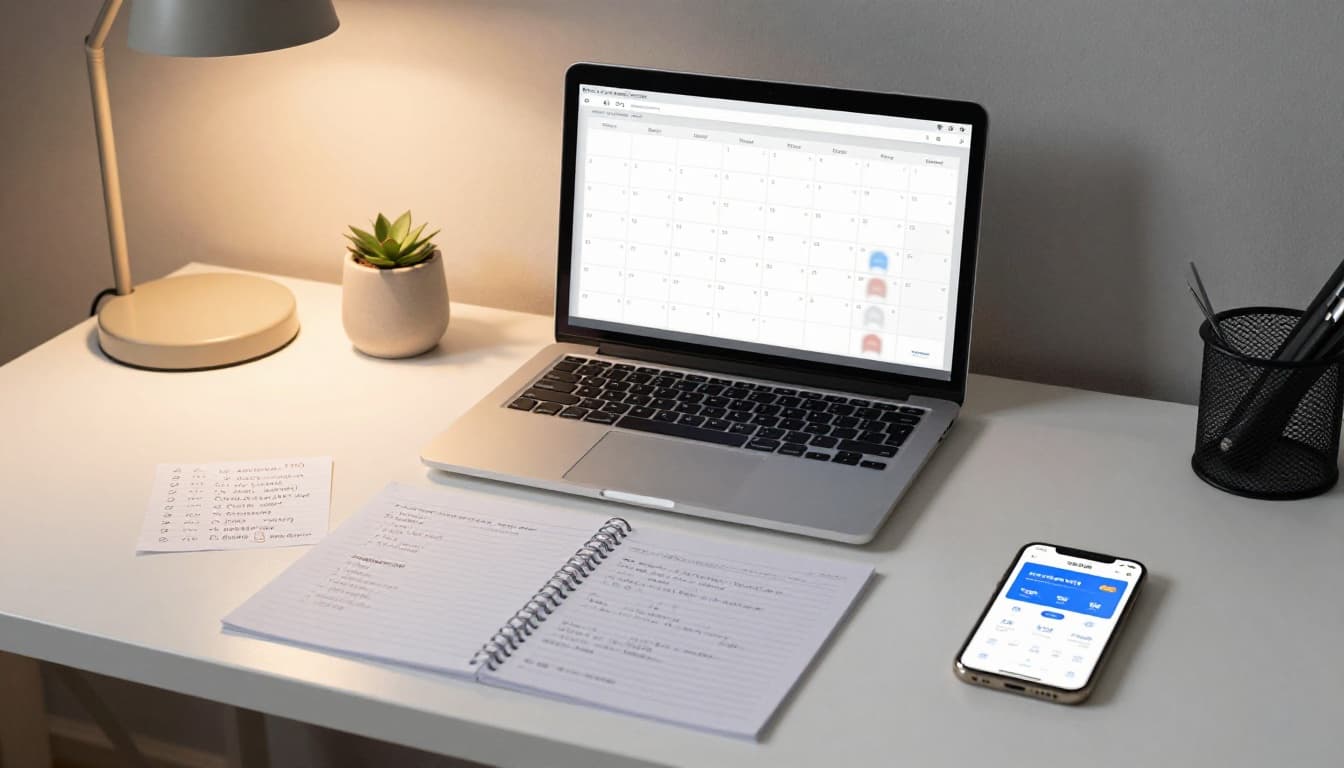 Realistic photo of a modern home office desk with a laptop showing blurred monthly auto-invest calendar icons, smartphone displaying investment app notification, loosely arranged paper notes on dollar-cost averaging, and warm desk lamp lighting. Sharp details on desk items only, no people, hands, readable text, logos, or watermarks, in landscape aspect ratio filling the frame.