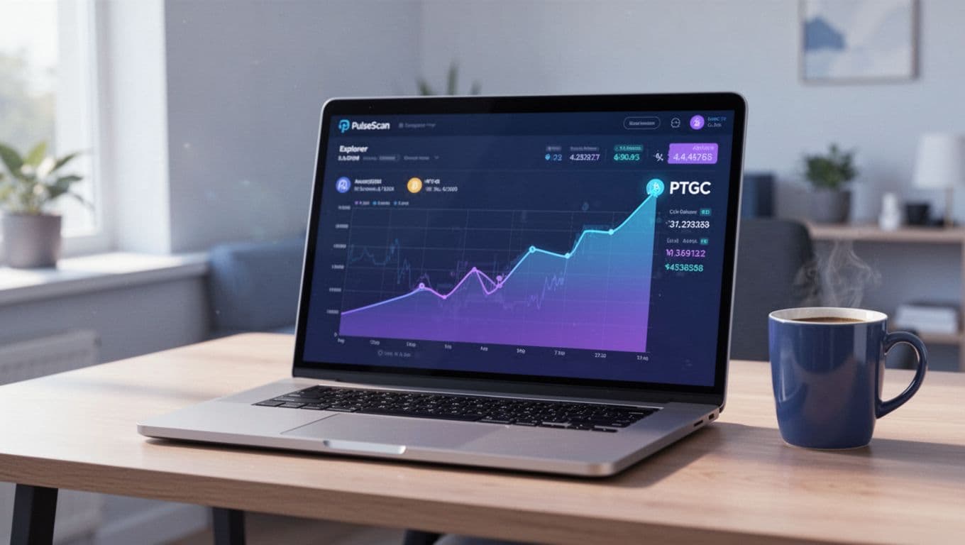 Illustration of a laptop in a modern home office displaying a blurred cryptocurrency explorer screen with a graph showing rising PTGC token balance, accompanied by a coffee mug on the desk under soft natural lighting.