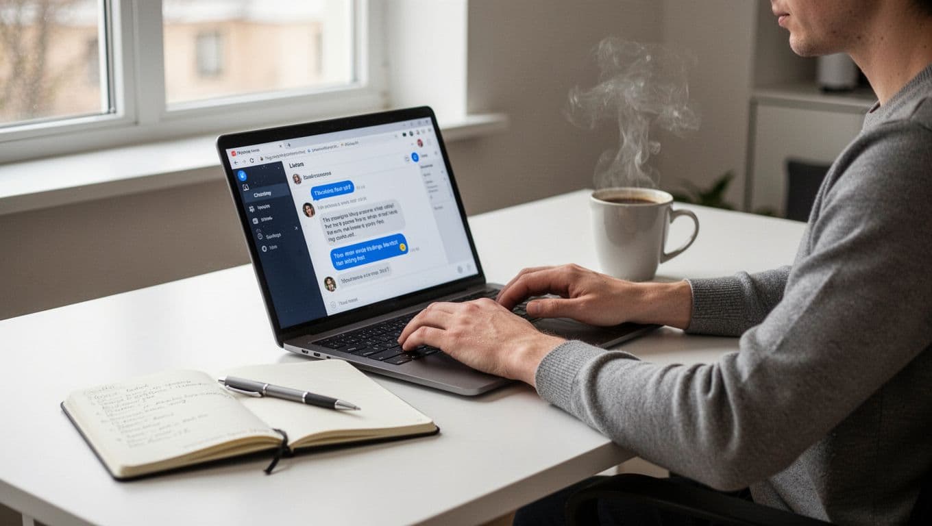 One person sits at a modern home office desk, typing relaxedly on a laptop with an open notebook, pen, and steaming coffee mug nearby, illuminated by soft natural daylight.