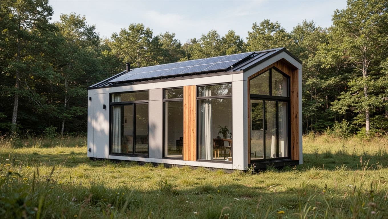 A modern prefab tiny house designed as a modular pod stands alone in a grassy field near woods, featuring clean lines, large windows, solar panels on the flat roof, and wooden cladding for off-grid living.