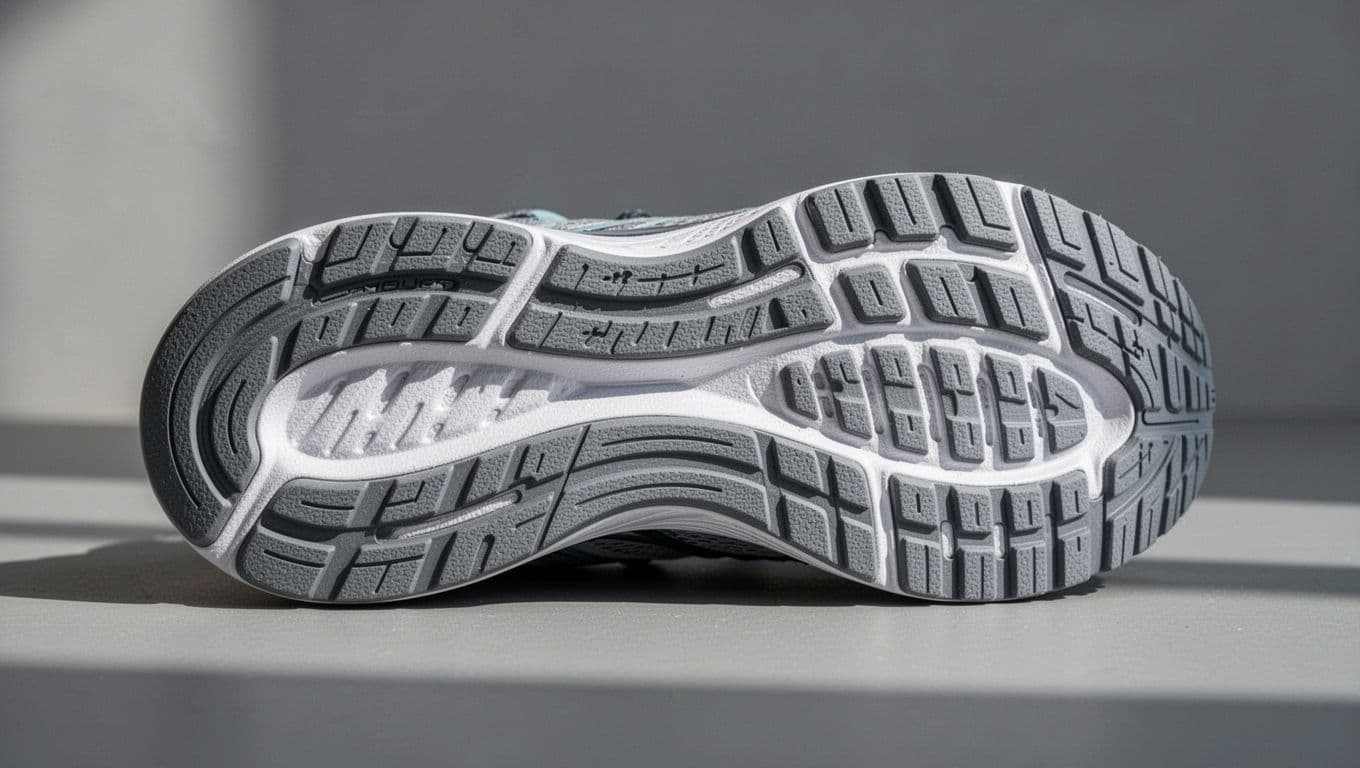 A close-up view of a running shoe's rubber outsole tread pattern resting on a grey surface.