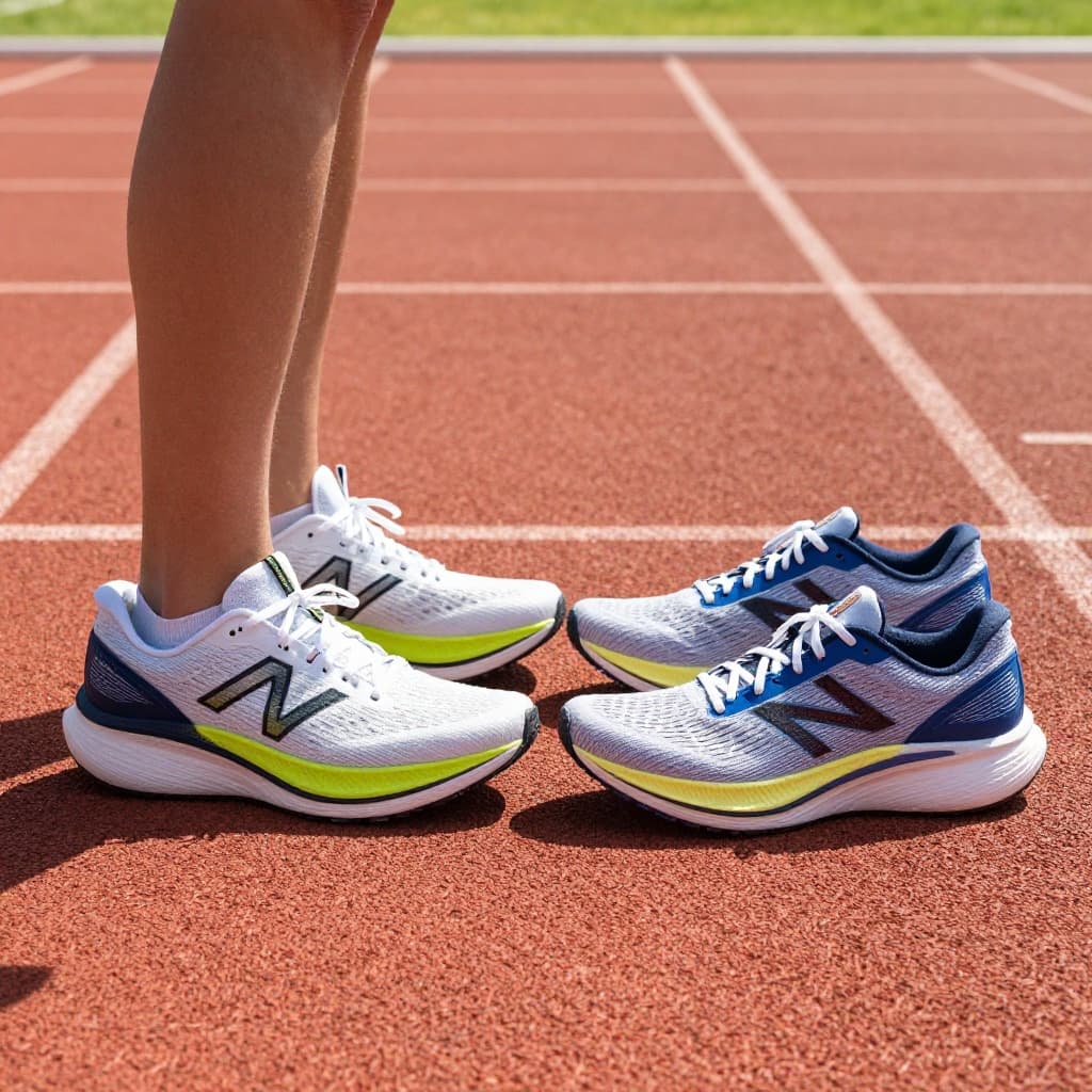 Two pairs of high-performance running shoes sit side by side on an outdoor track surface.