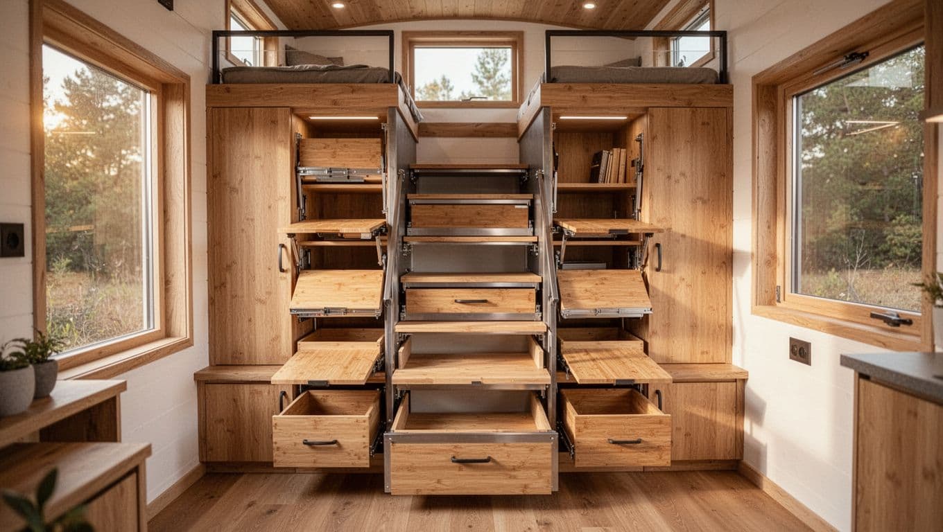 Realistic modern tiny house interior showcasing vertical wall-integrated storage stairs with hidden pull-out drawers, compartments in eco bamboo and metal, multi-use treads with flip-up benches leading to loft, natural wood tones, and soft warm lighting.