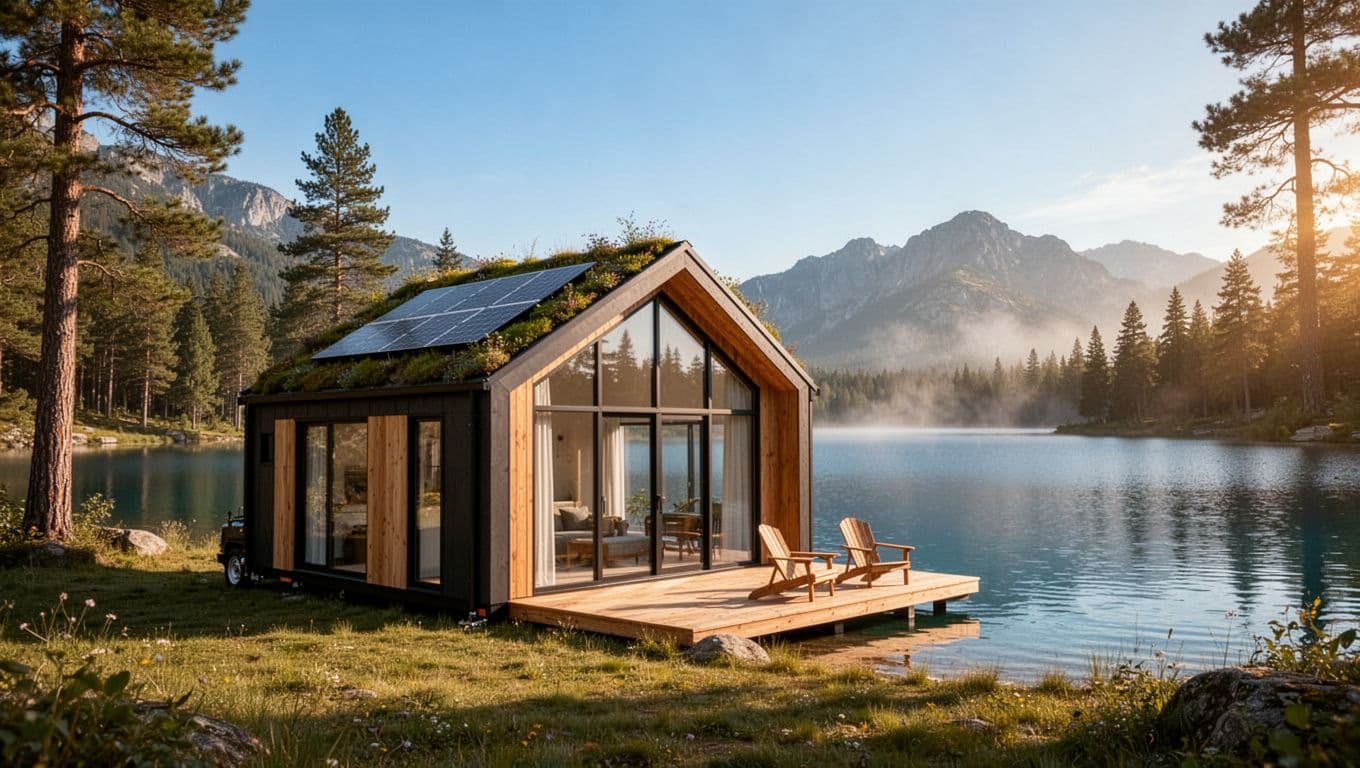 Trendy modern tiny lake house parked on grassy shore beside calm serene blue lake, featuring large floor-to-ceiling glass windows, sloped green roof with vegetation, solar panels, wooden accents, and outdoor deck overlooking water, surrounded by pine trees and misty mountains in golden hour sunlight.