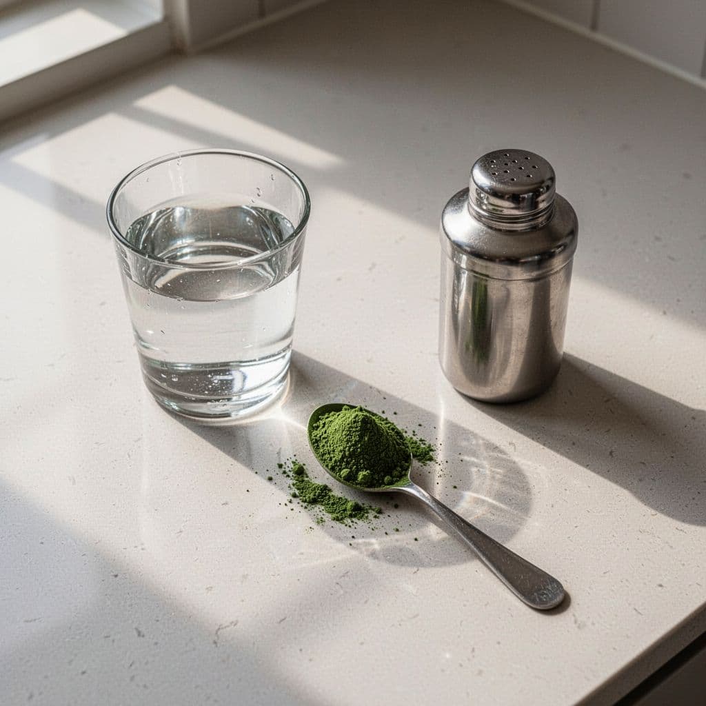 A glass of water, a scoop of green powder, and a shaker bottle sit on a minimalist counter.