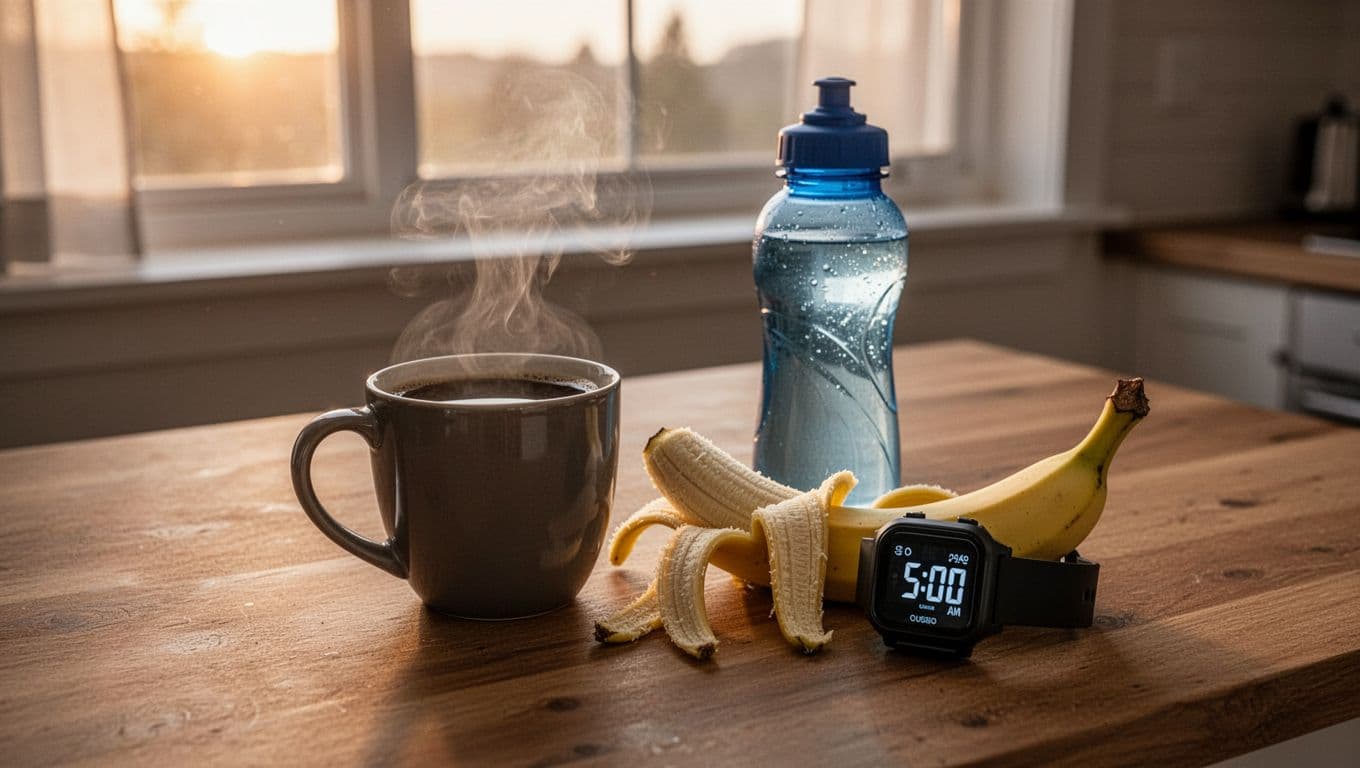 Morning race prep table with steaming black coffee, runner's water bottle, peeled banana, and digital watch at 5:00 AM. Realistic kitchen scene bathed in soft dawn light through the window.