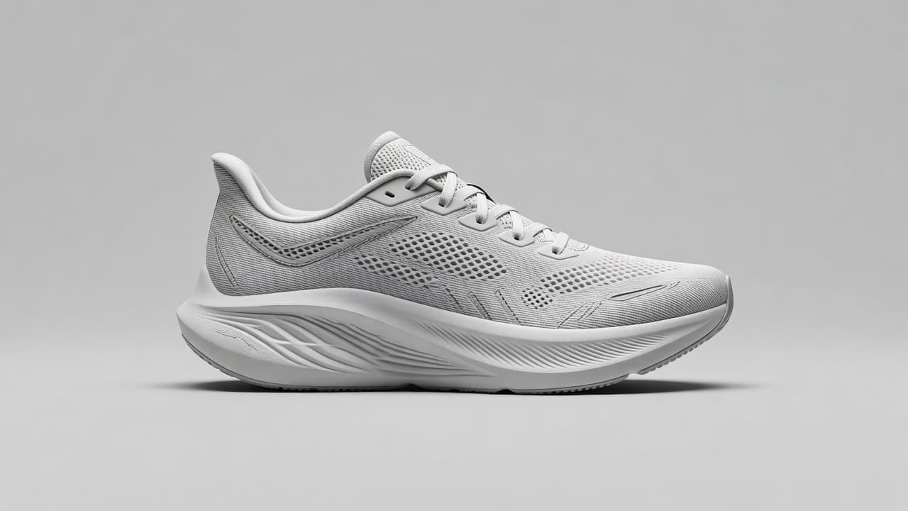 A sleek performance sneaker rests on a neutral gray background. The side profile emphasizes the thick, reactive foam midsole and high-quality mesh upper material designed for long-distance running comfort and stability.