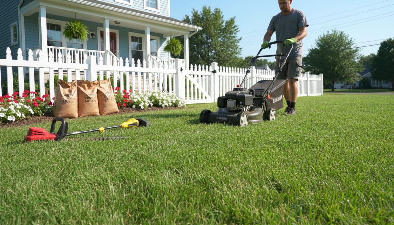 A single person mows a lush green front lawn on a bright summer day, with a hedge trimmer and weed whacker resting nearby on the grass and mulch bags in the background, capturing a fresh curb appeal vibe in natural sunlight.