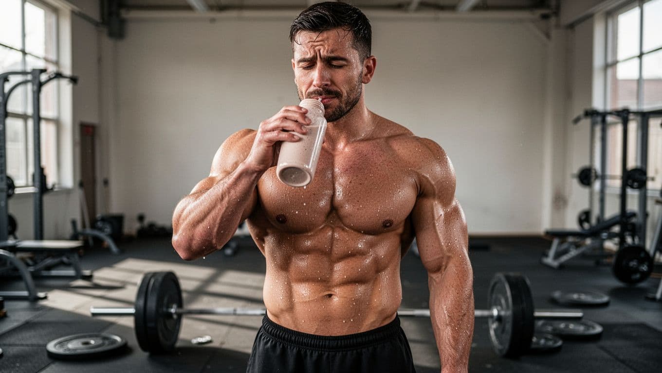 A muscular hardgainer athlete in the gym after an intense workout drinks a thick high-calorie protein shake from a shaker bottle, with sweat on his skin and a tired but satisfied expression, weights and barbell nearby.