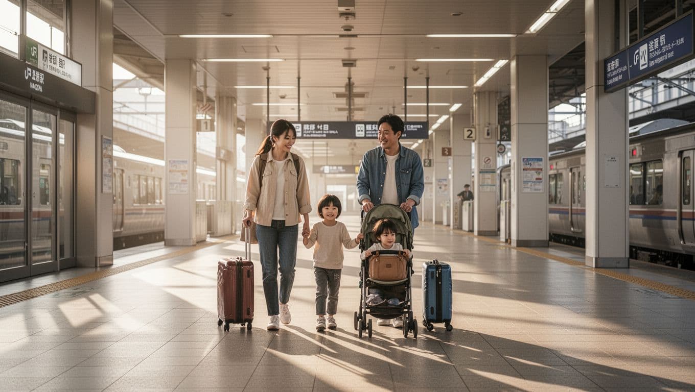 Two adults and two children walk through a modern station with suitcases and a stroller.