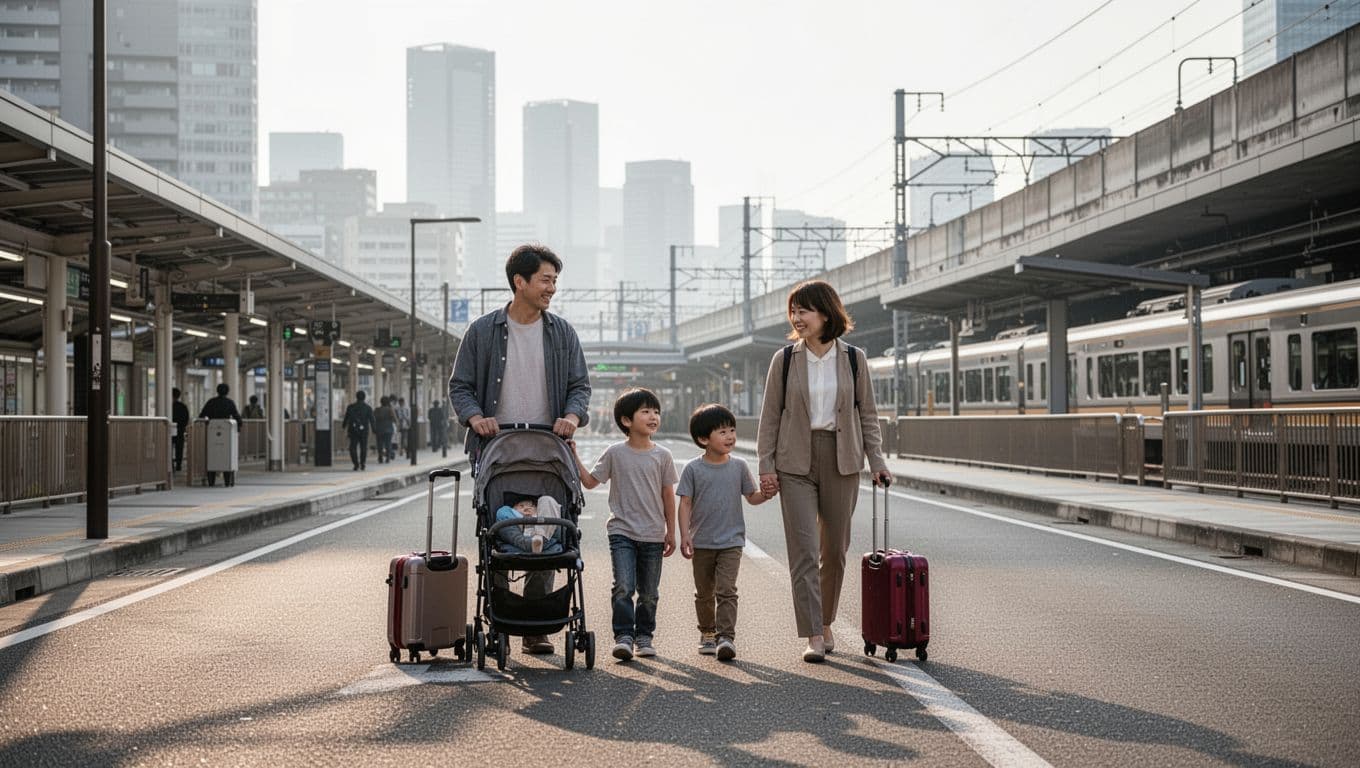 A family with a stroller and bags walking near a Japanese train station hotel area.