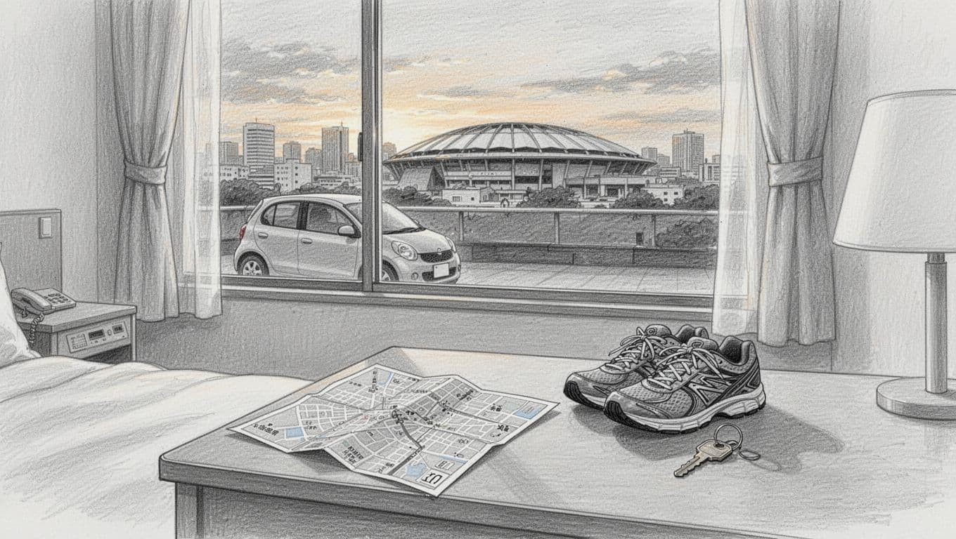 A hotel desk holds a folded map, running shoes, and room key beneath a dawn city view.