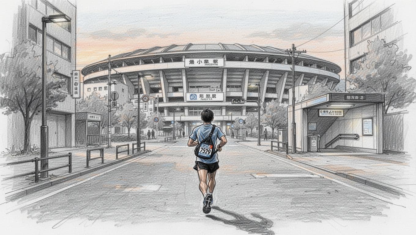 A runner with a small bag walks toward a stadium near a subway entrance.