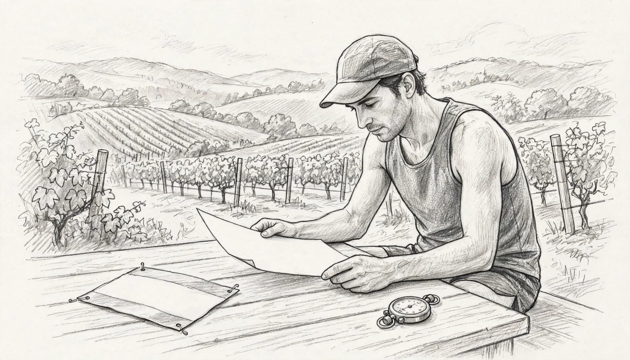 A runner checks a race sheet beside a stopwatch and bib with vineyard hills behind.
