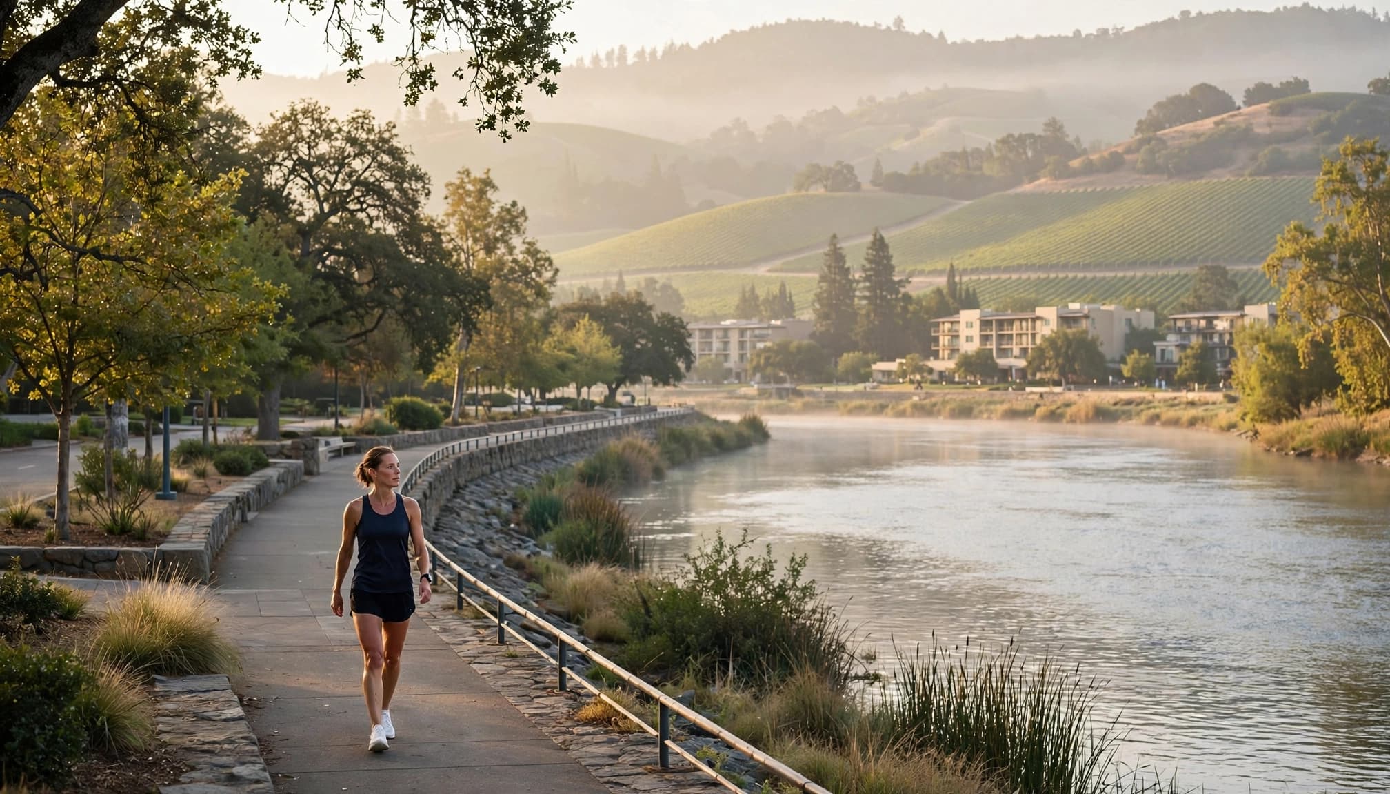A runner walks beside the calm Napa River with trees, hotels, and vineyard hills behind.