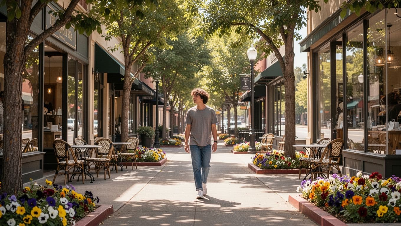 A quiet sidewalk winds through a leafy downtown street featuring vibrant storefronts and blooming flower boxes. A single pedestrian strolls past sunny patio tables set outside charming local restaurants.