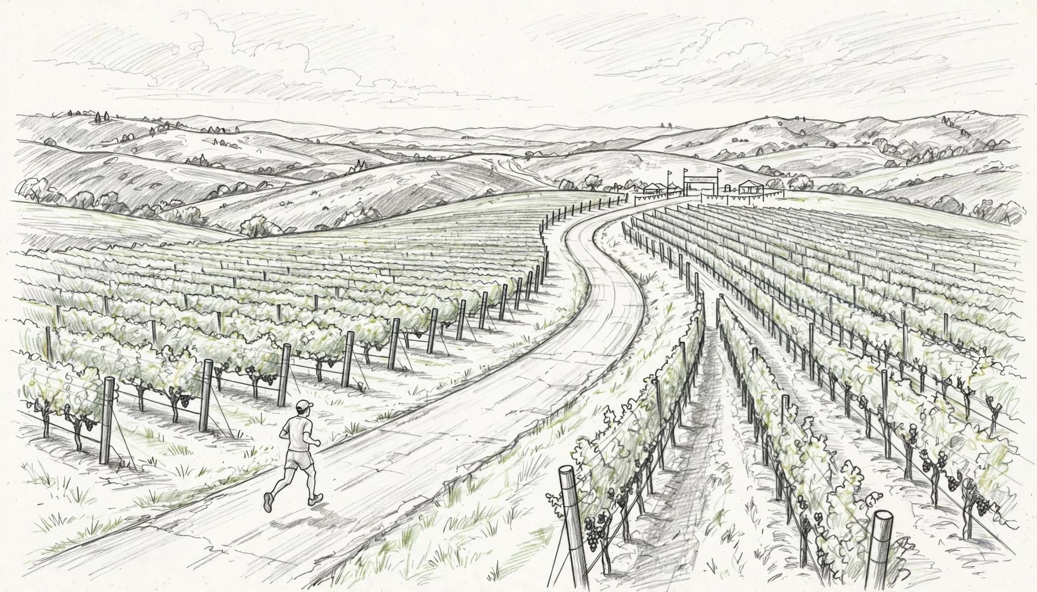 A lone runner follows a curving road between vineyard rows under an open sky.
