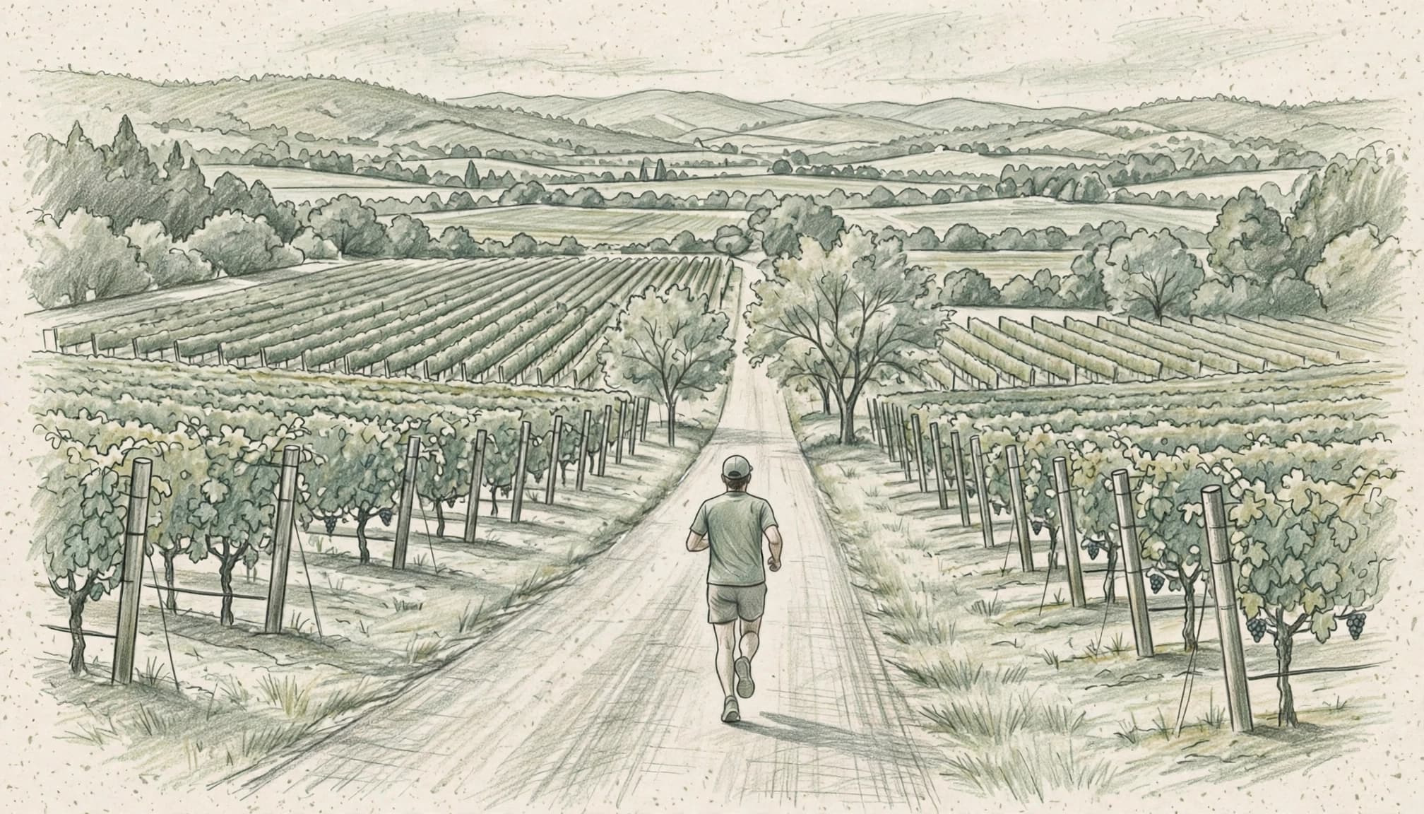 A runner follows a quiet road beside orderly vineyards and distant hills.
