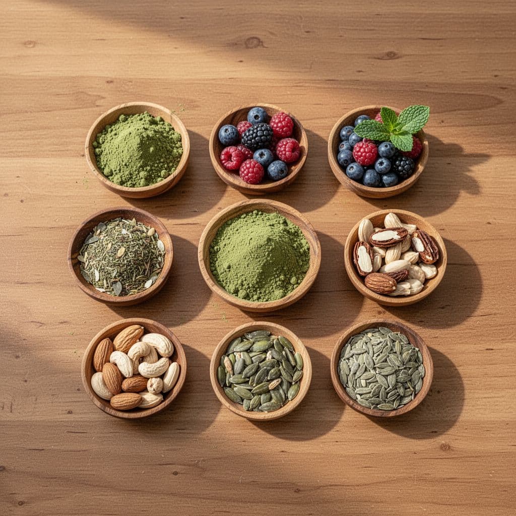 Natural superfood ingredients like berries, seeds, and green powder are organized in wooden bowls on a table.