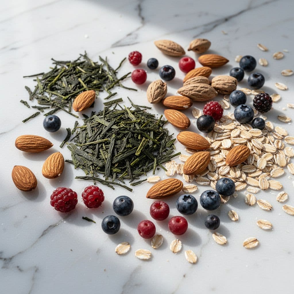Green tea leaves, almonds, berries, and raw oats are neatly arranged on a white marble surface.