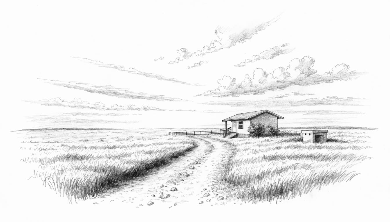 A graphite sketch of a rural cabin, gravel driveway, and storm cellar on an open prairie.