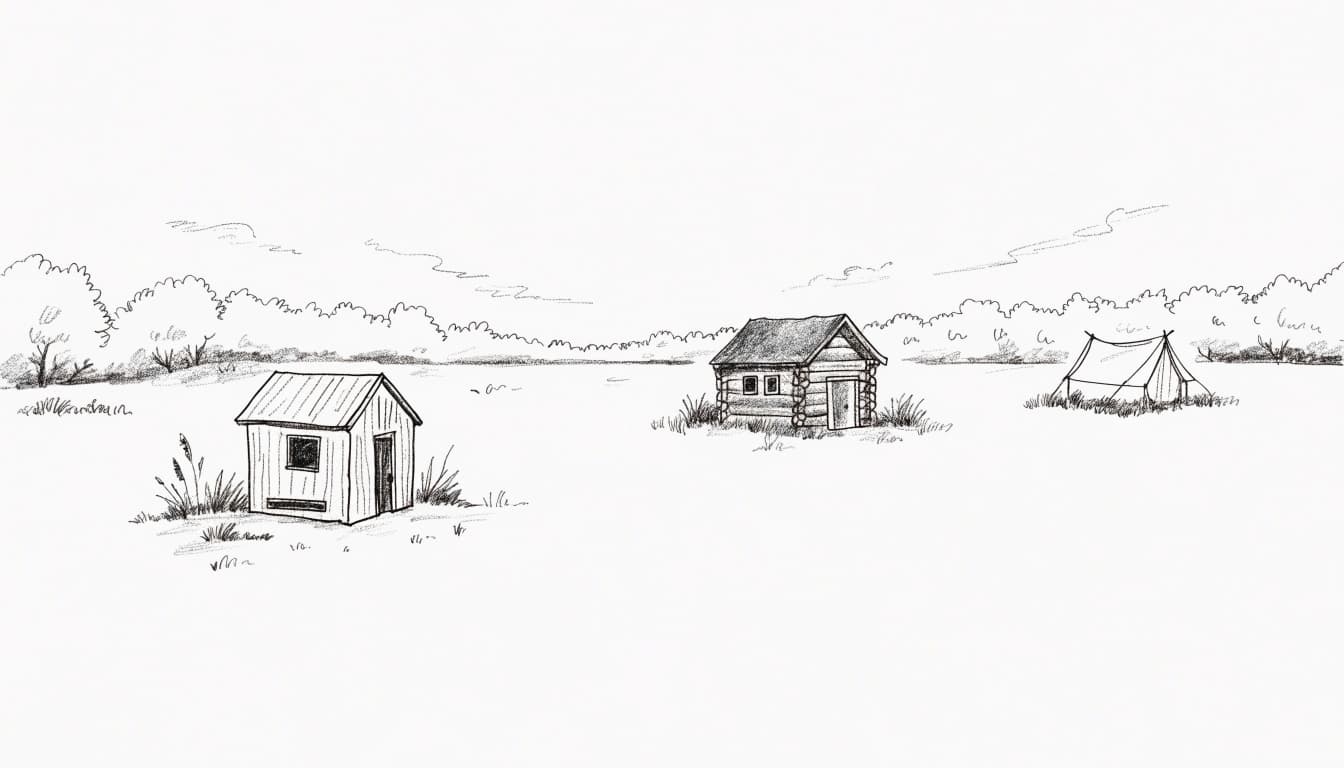 A graphite sketch of a tiny house, a rustic cabin, and a tent on a prairie.
