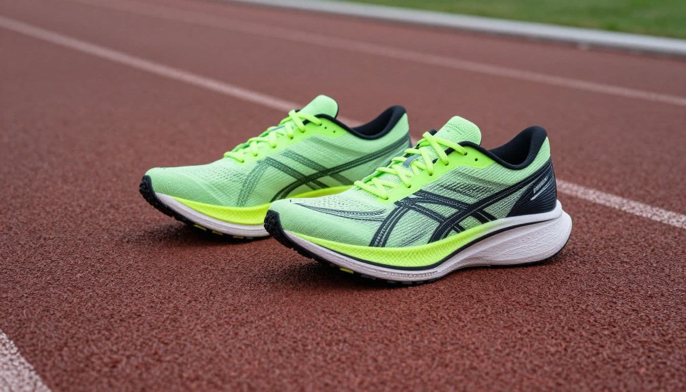 A pair of lightweight neon green and black sneakers rests on the textured surface of a running track. The low camera angle highlights the sleek design and athletic tread of the footwear.
