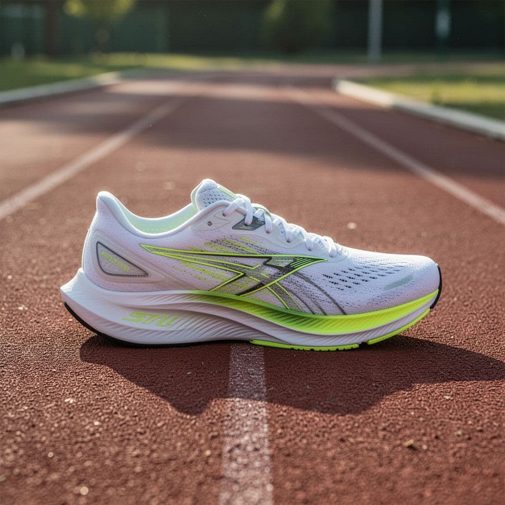 A sleek white running sneaker with vibrant neon accents rests on the textured surface of an outdoor athletic track. Soft daylight highlights the aerodynamic silhouette and intricate foam sole structure.