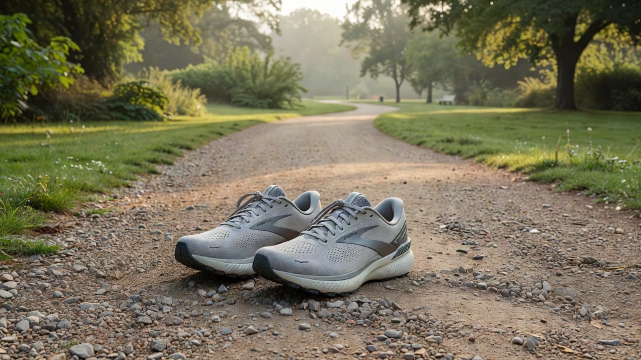 A pair of clean neutral running shoes sits side by side on a textured grey gravel park path. Soft morning sunlight illuminates the mesh fabric, highlighting the trail running environment.
