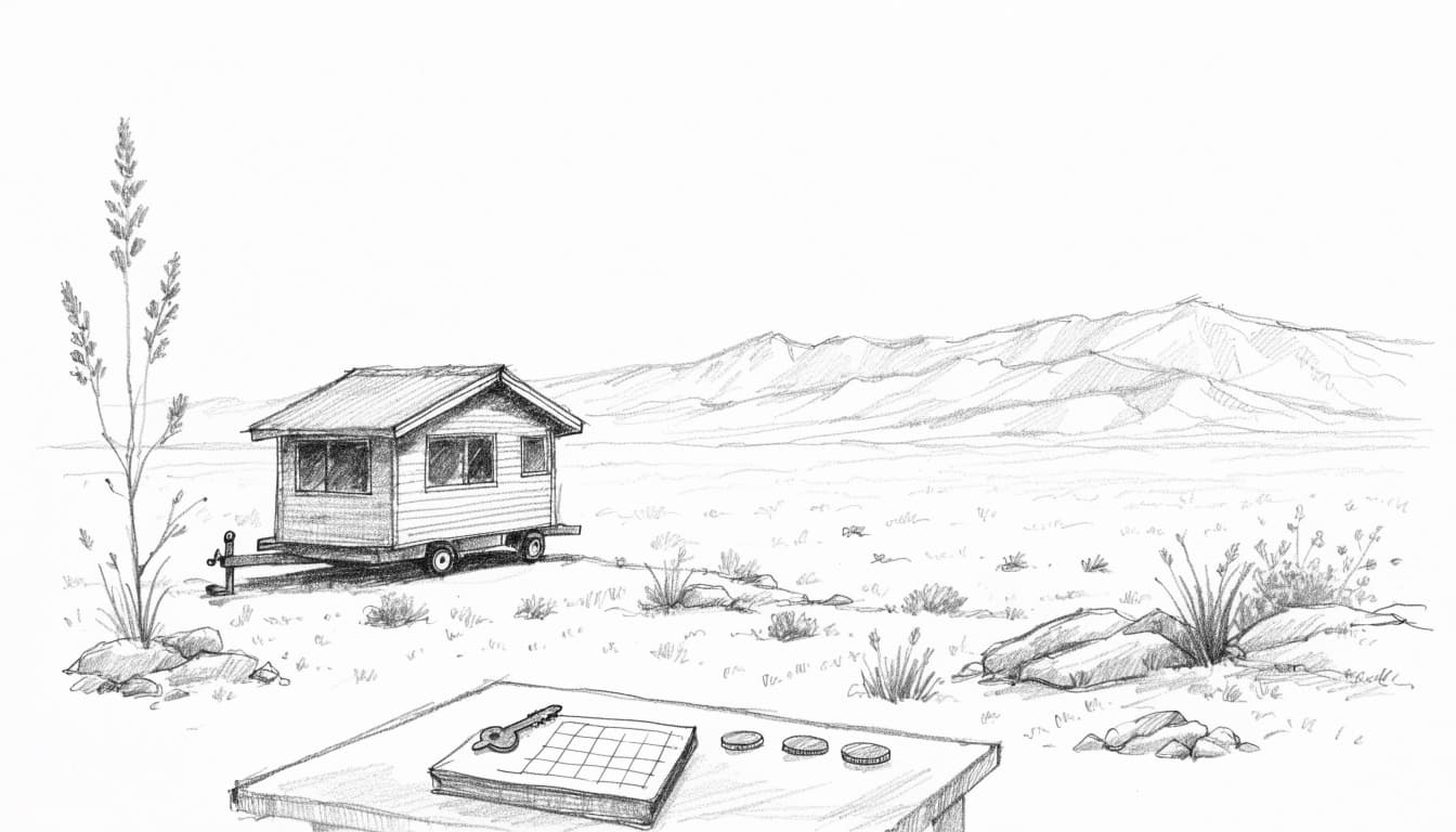 A graphite sketch of a tiny home on wheels in a desert landscape with a calendar, key, and coins in the foreground.