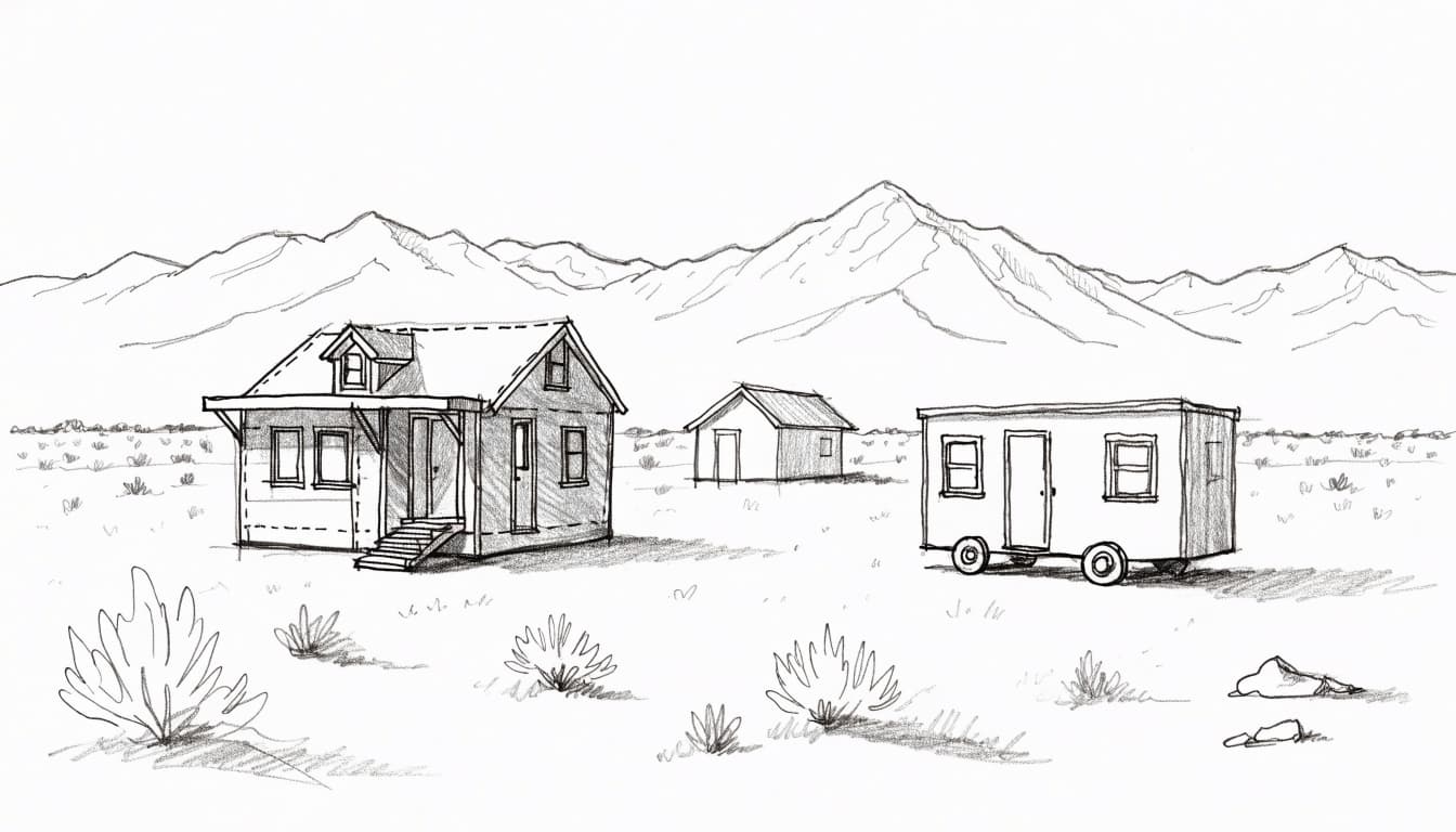 A graphite architectural sketch of three small dwellings in a desert landscape.