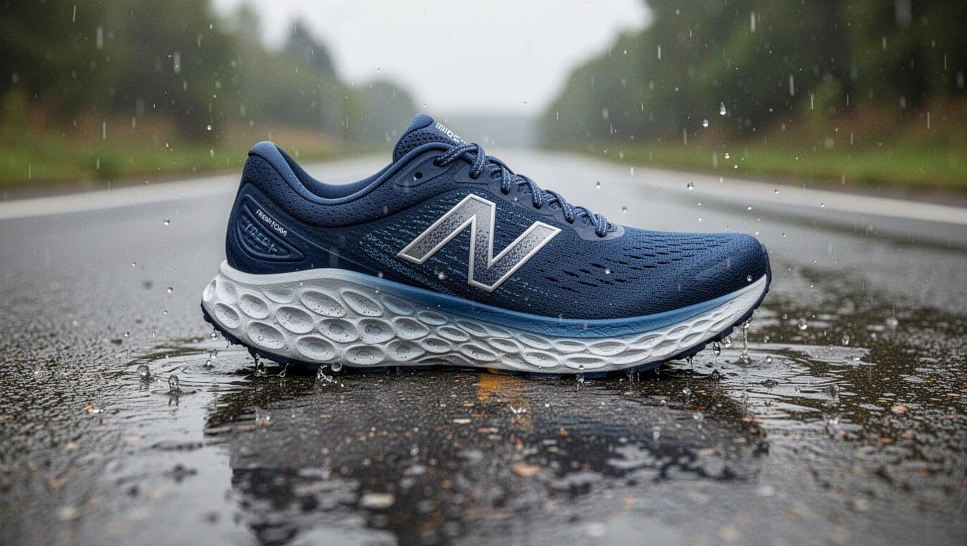 Side profile of New Balance Fresh Foam More v3 running shoe on wet pavement road, outsole rubber gripping the surface with visible lug pattern and water droplets around, captured in realistic outdoor photography with soft daylight and low angle composition.