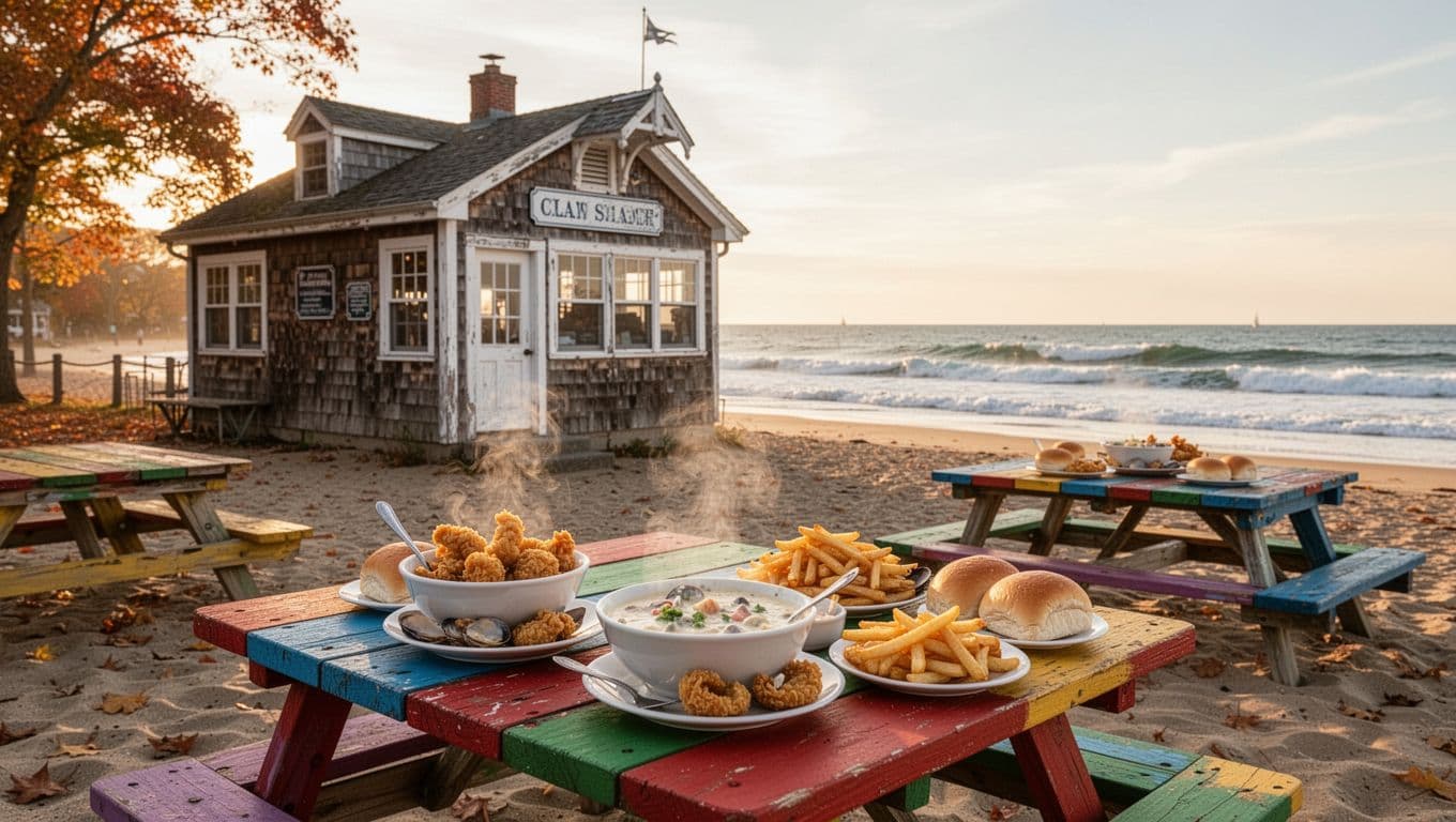 Rustic New England clam shack near Easton's Beach in Newport, Rhode Island during fall, with picnic tables overlooking the sandy beach and ocean, set with steaming clam chowder and fried clams in golden hour sunlight.